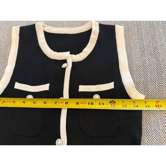 Vintage-Inspired Black Sleeveless Knit Dress With Pearl Buttons & Cream Trim Mid - Picture 6 of 10